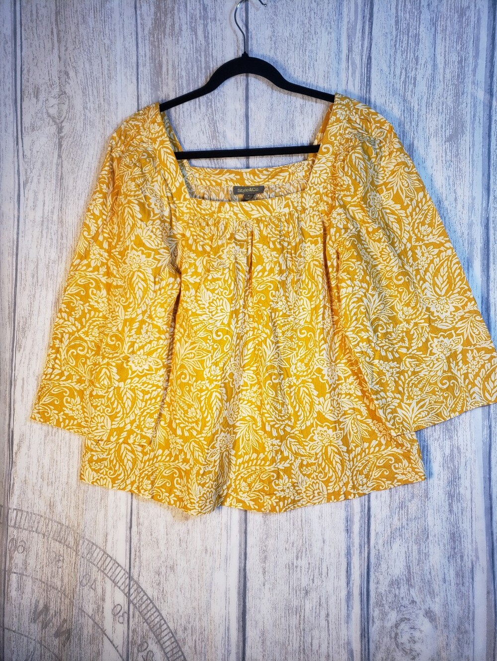 Style & Co. Women's Printed Square-Neck 3/4-Sleeve Yellow Floral Blouse Top M